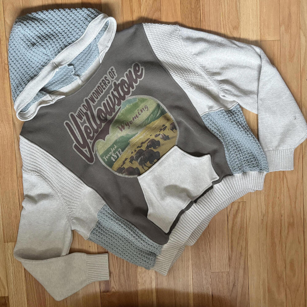 Handmade Yellowstone Upcycled Patchwork Hoodie/Sweater in Nature Combo Oversized
